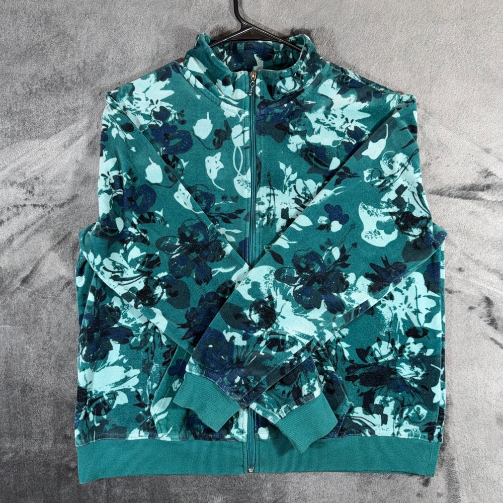 Gloria Vanderbilt Casuals Teal Floral Zip Up Jacket Mock Neck XL